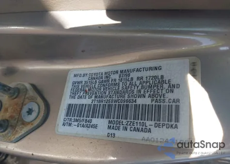 1998 Toyota Corolla Ce z USA, uszkodzony, nr VIN 2T1BR12E8WC096634